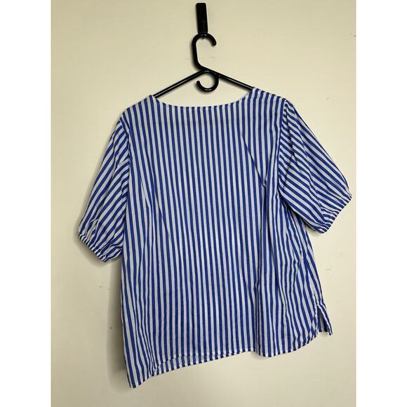 Talbots Size Medium Blue White Nautical Stripe Cotton Blouse Puff Sleeve - Picture 6 of 6